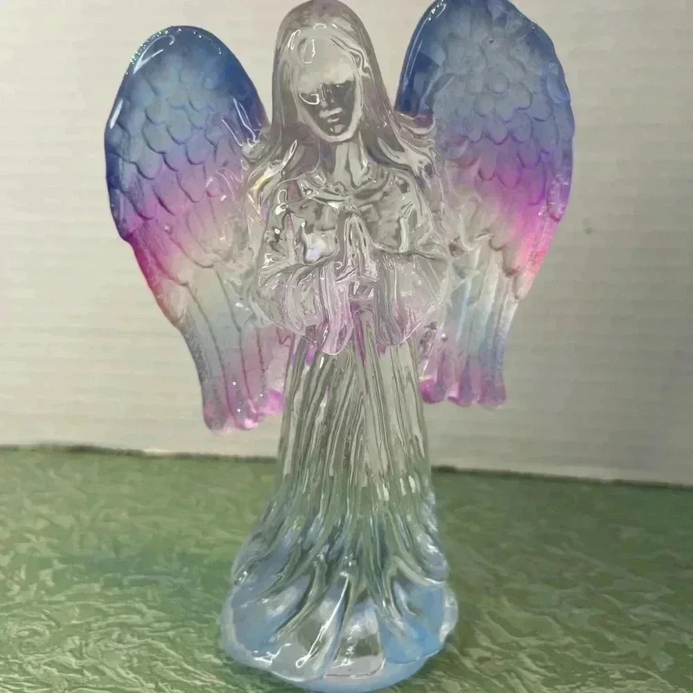 Translucent and satin pressed glass Angel Figurine with Pink and Blue Wings